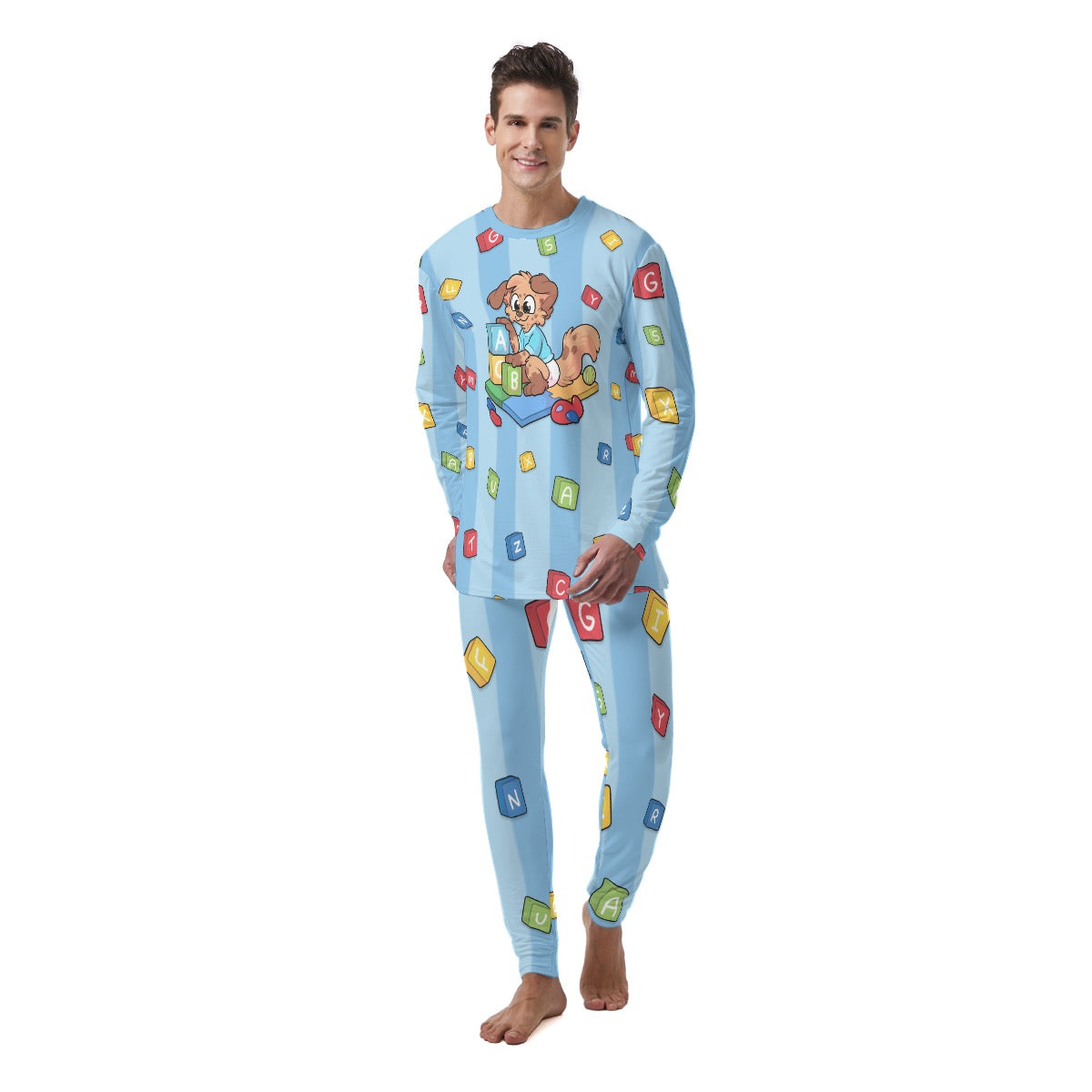 Cozy blue SnugglePlanet PlayTime pyjama with playful block design and cute character, ideal for comfort and relaxation.