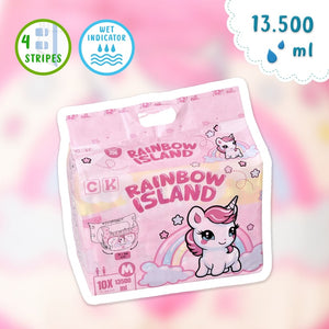 Cloudrys Rainbow Island adult baby diapers with unicorn and rainbow design on packaging.