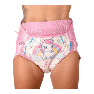 Cloudrys Rainbow Island adult diaper with unicorn and rainbow design.