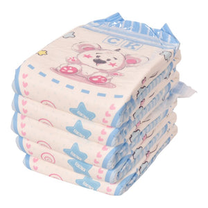 Stack of Fluffy Bear adult diapers with cute bear design and blue accents.