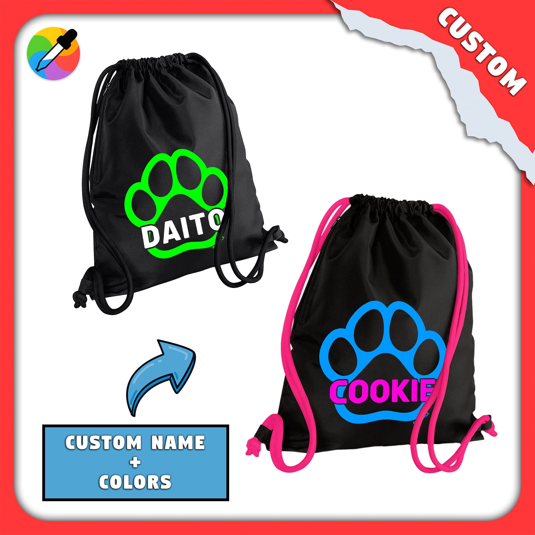 Customizable ColorPaw Premium GymBag with neon accents and personalized name.