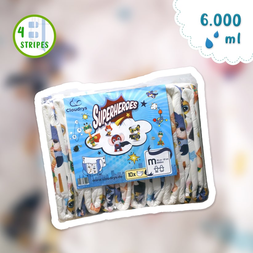 Cloudrys Superheros Adult Baby Windeln with superhero animal designs, 6,000 ml absorbency, high comfort, and stable adhesive strips.