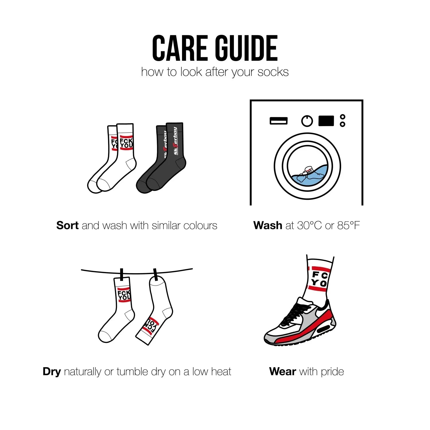Care guide for Sk8erboy Puppy Socken, includes sorting, washing at 30°C, drying, and wearing with pride.