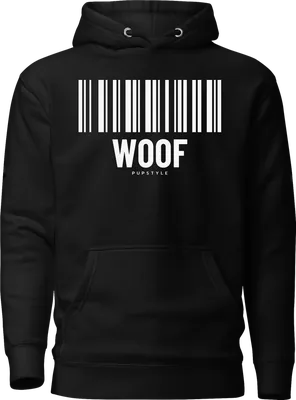 Schwarzer Hoodie mit scannbarem Barcode WOOF