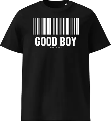 Schwarzes T-Shirt mit scannbarem Barcode GOOD BOY